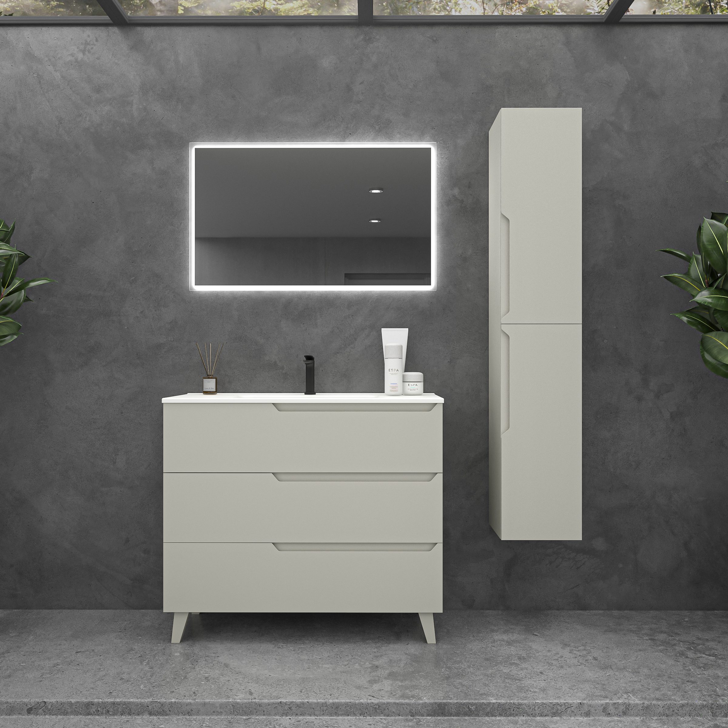 Freestanding vanity with LED mirror