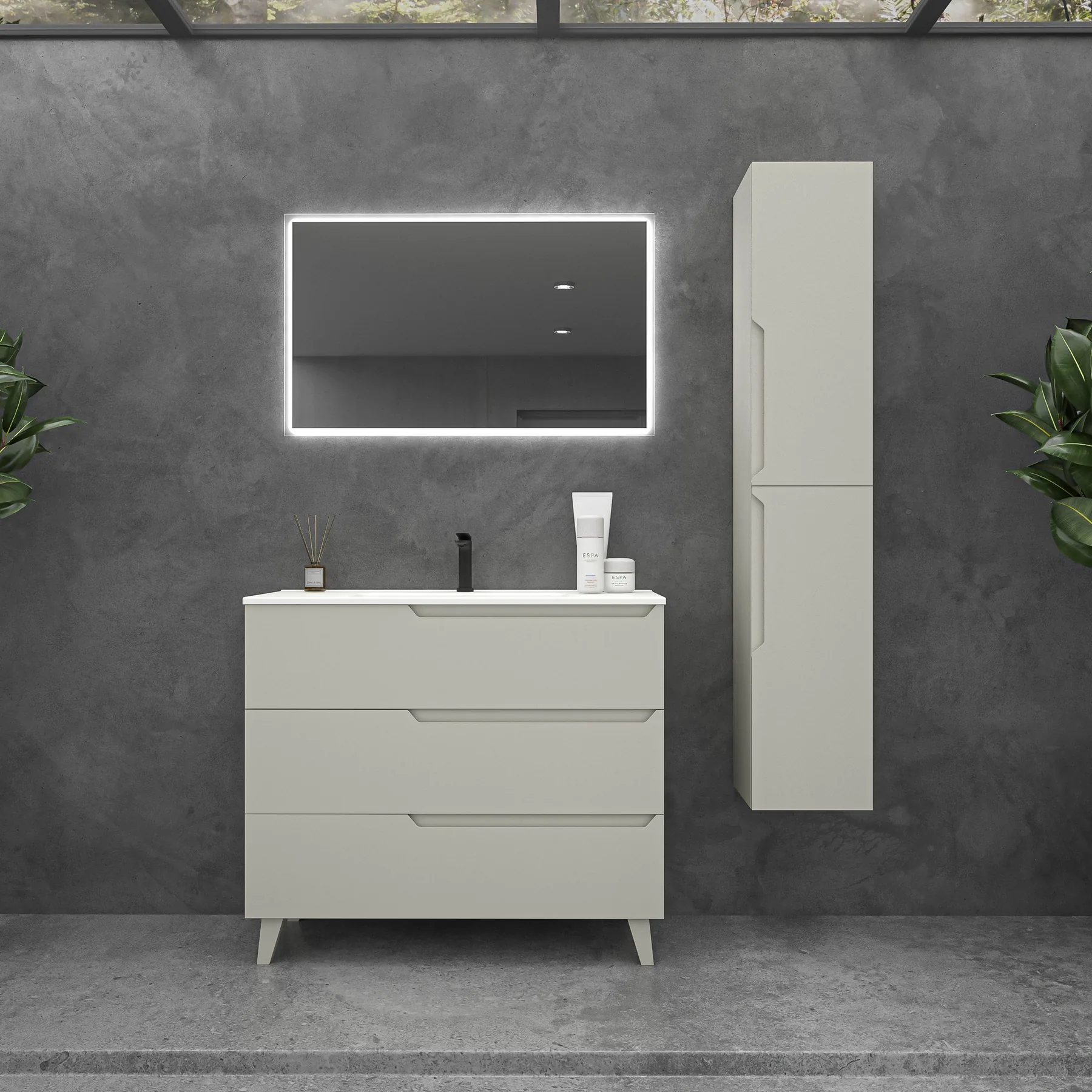 Freestanding vanity with LED mirror