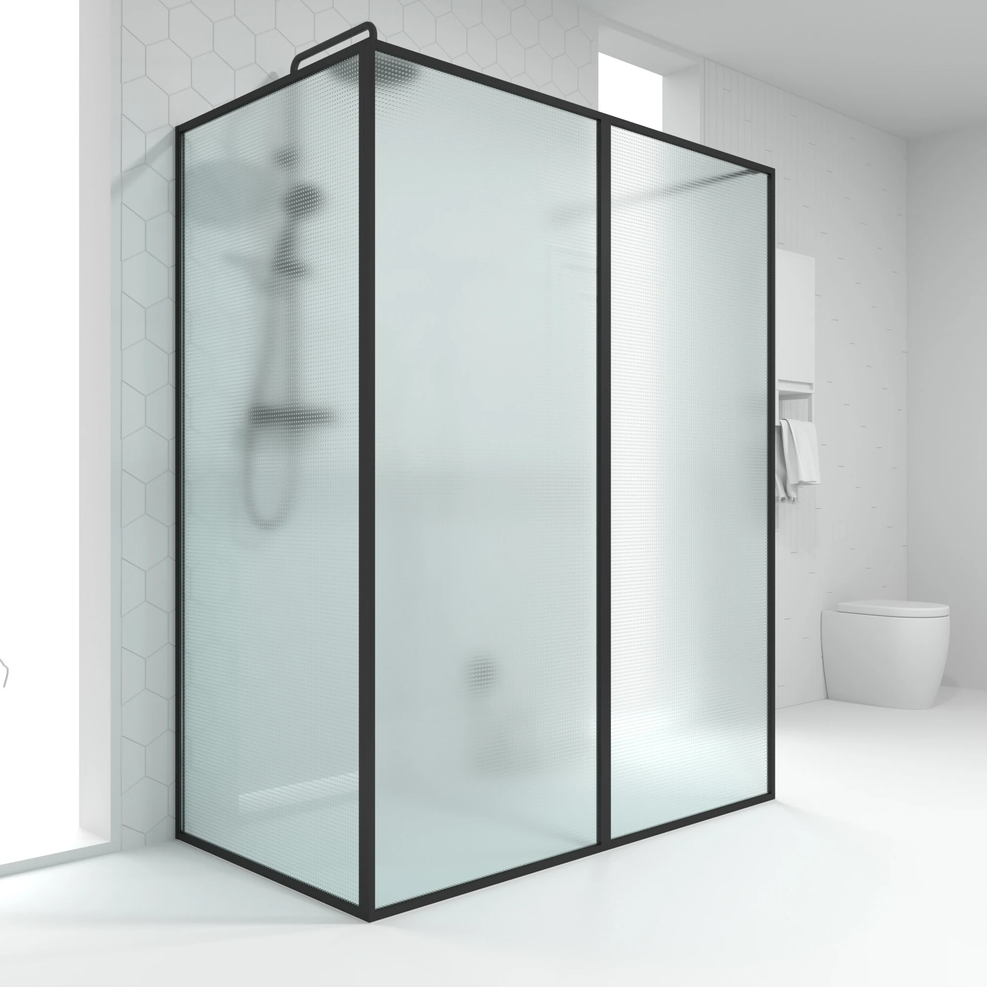 Varobath shower enclosure with textured glass and black profiles