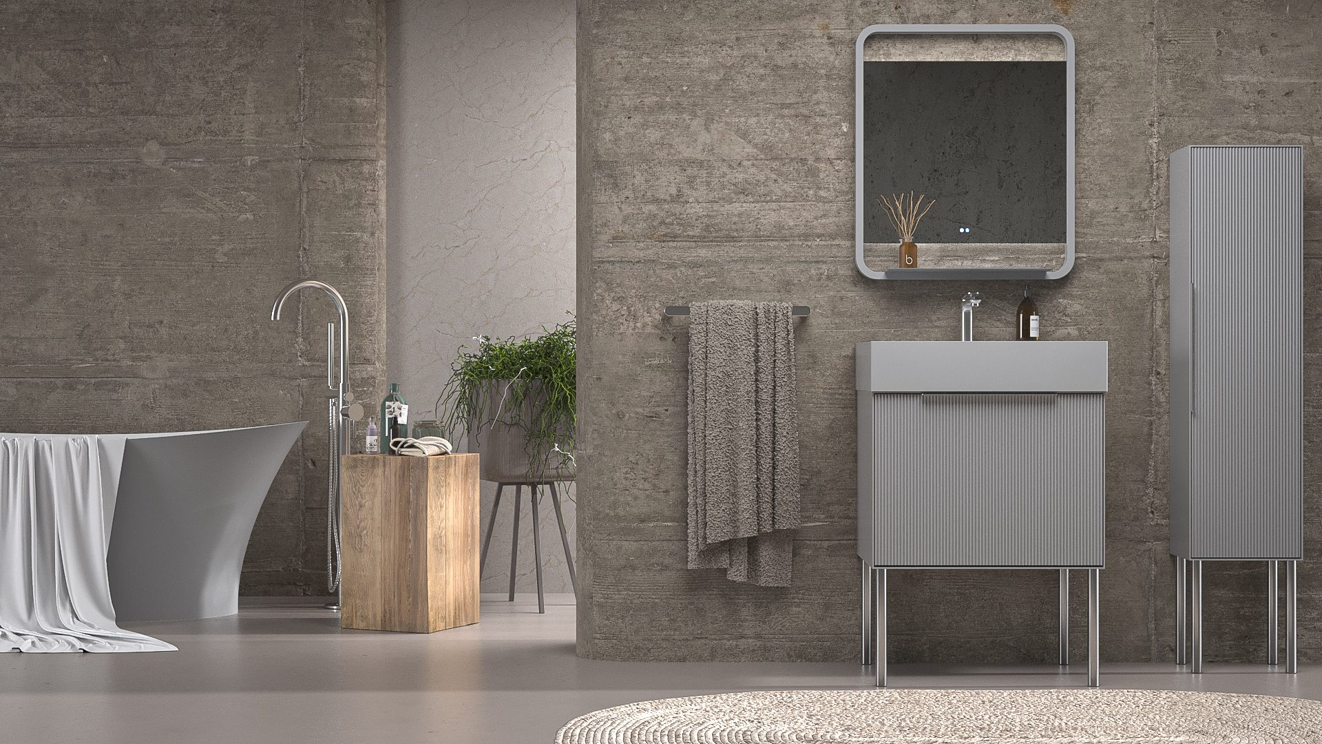 Fluted relief vanity with steel legs