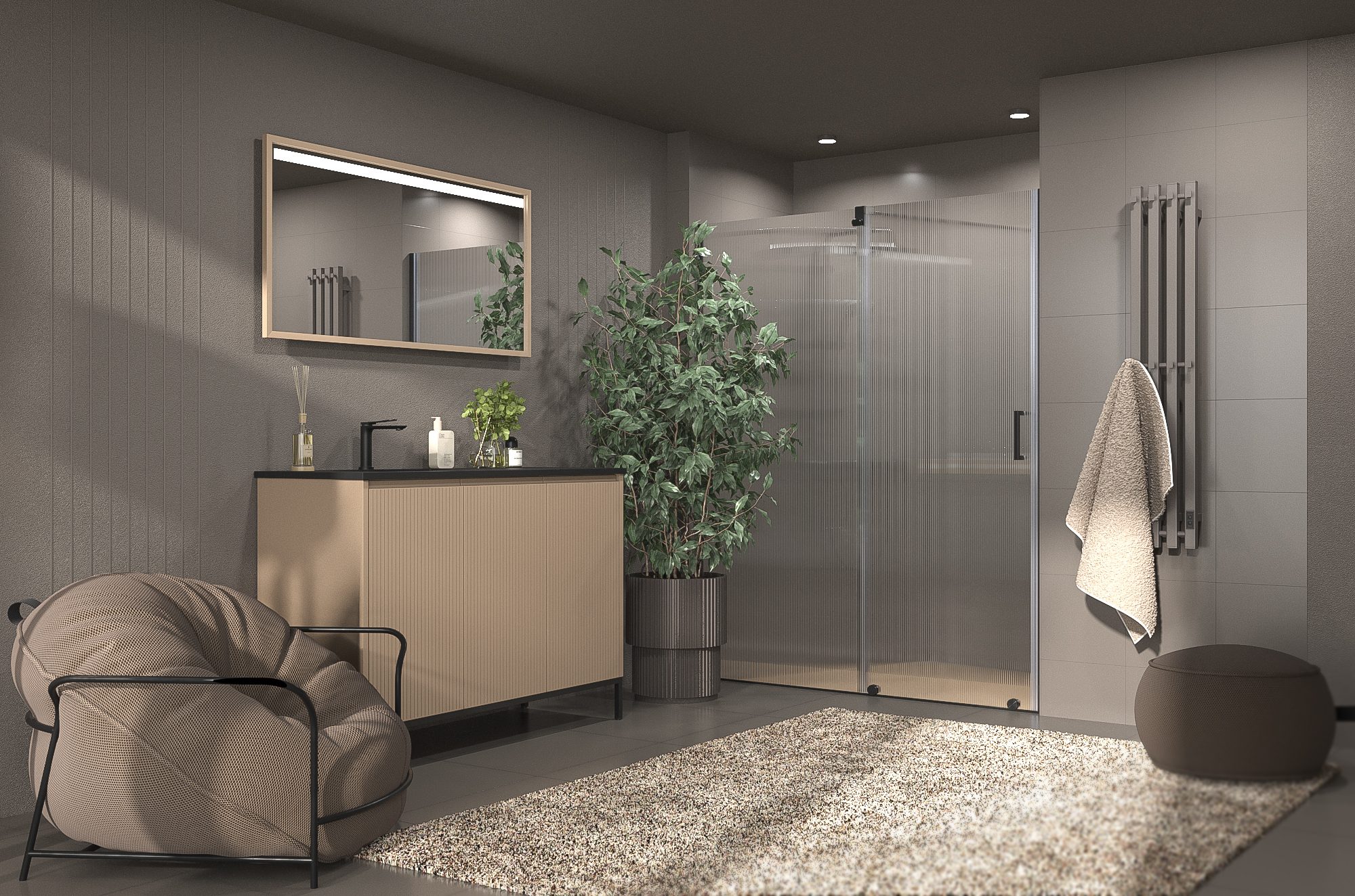 Vanity RAL1019 with fluted glass shower